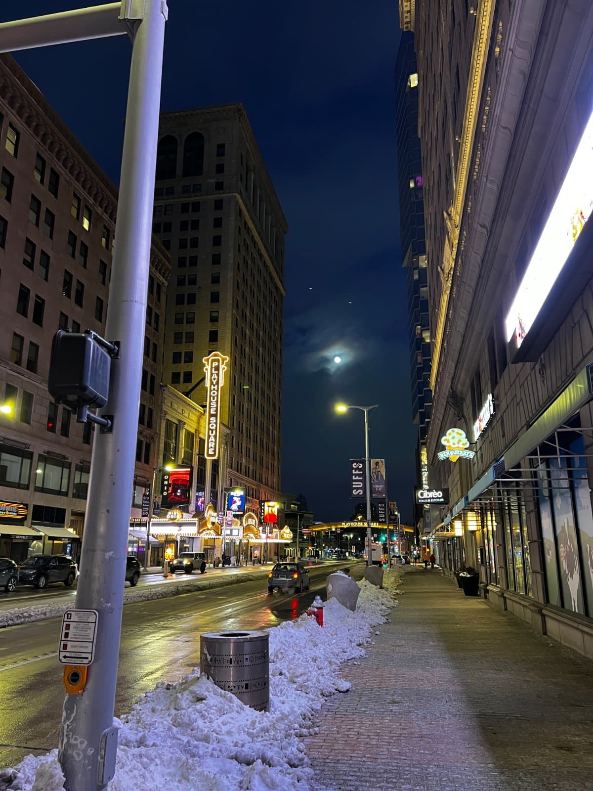 Cleveland's Playhouse Square under a snowy moon